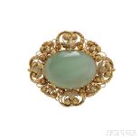 Gold and Chrysoprase Brooch, c. 1830, centering an oval chrysoprase with faceted edges and buff-