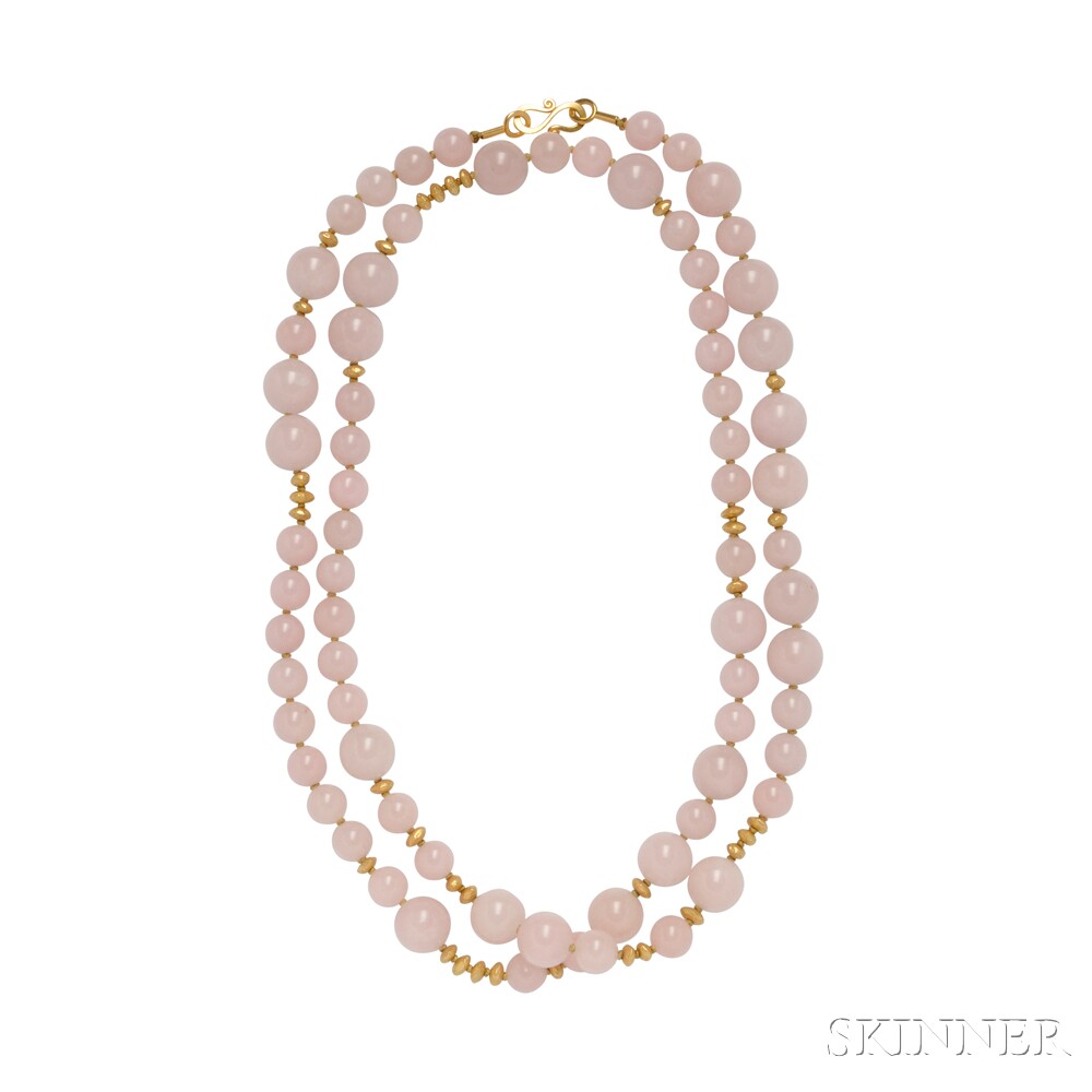 High-karat Gold and Rose Quartz Bead Necklace, the quartz beads ranging in size from approx. 10.50