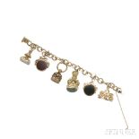 Gold Charm Bracelet, suspending six antique watch fobs set with various hardstones from a 14kt