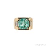 14kt Gold, Emerald, and Diamond Ring, prong-set with a square cushion-cut emerald measuring