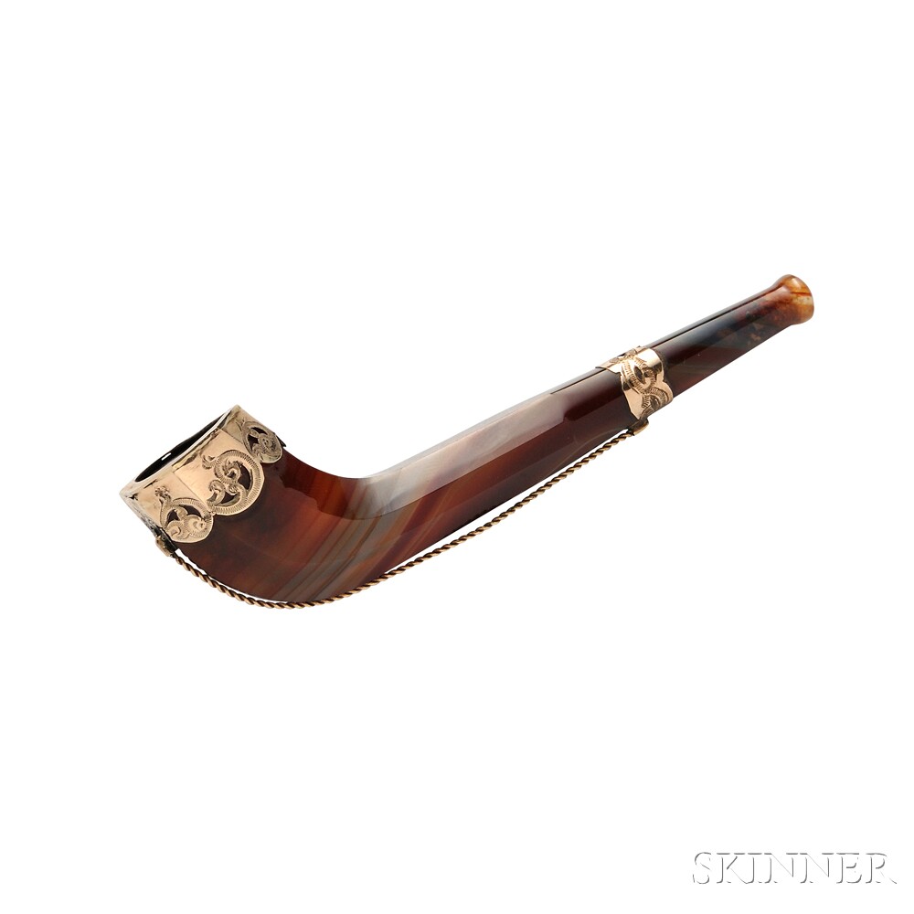 Antique Agate Pipe, with low-karat gold mounts, lg. 3 3/8 in., boxed. Antique Agate Pipe, with low-