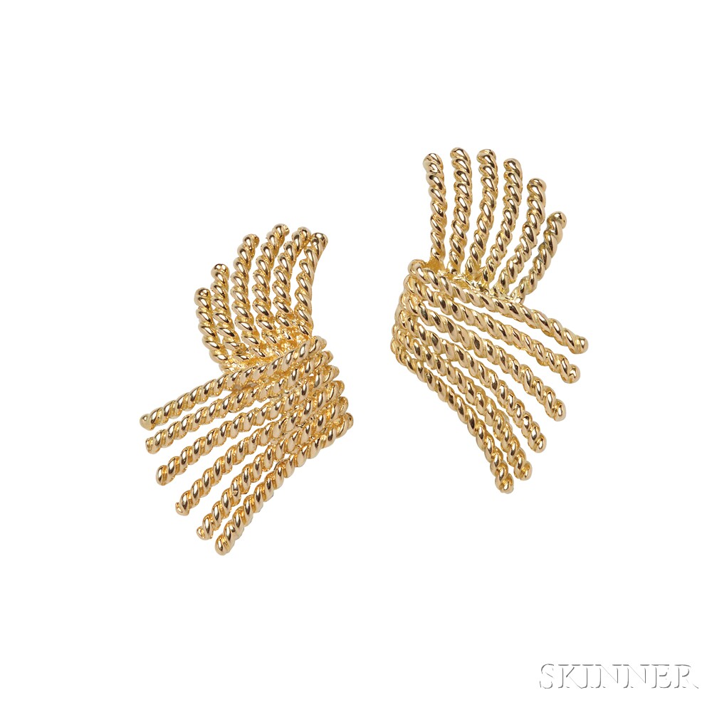 18kt Gold "V-Rope" Earrings, Schlumberger, Tiffany & Co., 9.3 dwt, lg. 1 1/4 in., signed. 18kt