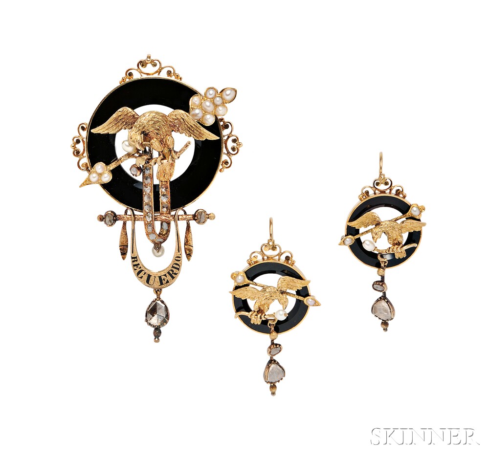 Antique Gold, Onyx, and Diamond Suite, comprising a brooch with circular-cut onyx centering an eagle