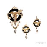 Antique Gold, Onyx, and Diamond Suite, comprising a brooch with circular-cut onyx centering an eagle