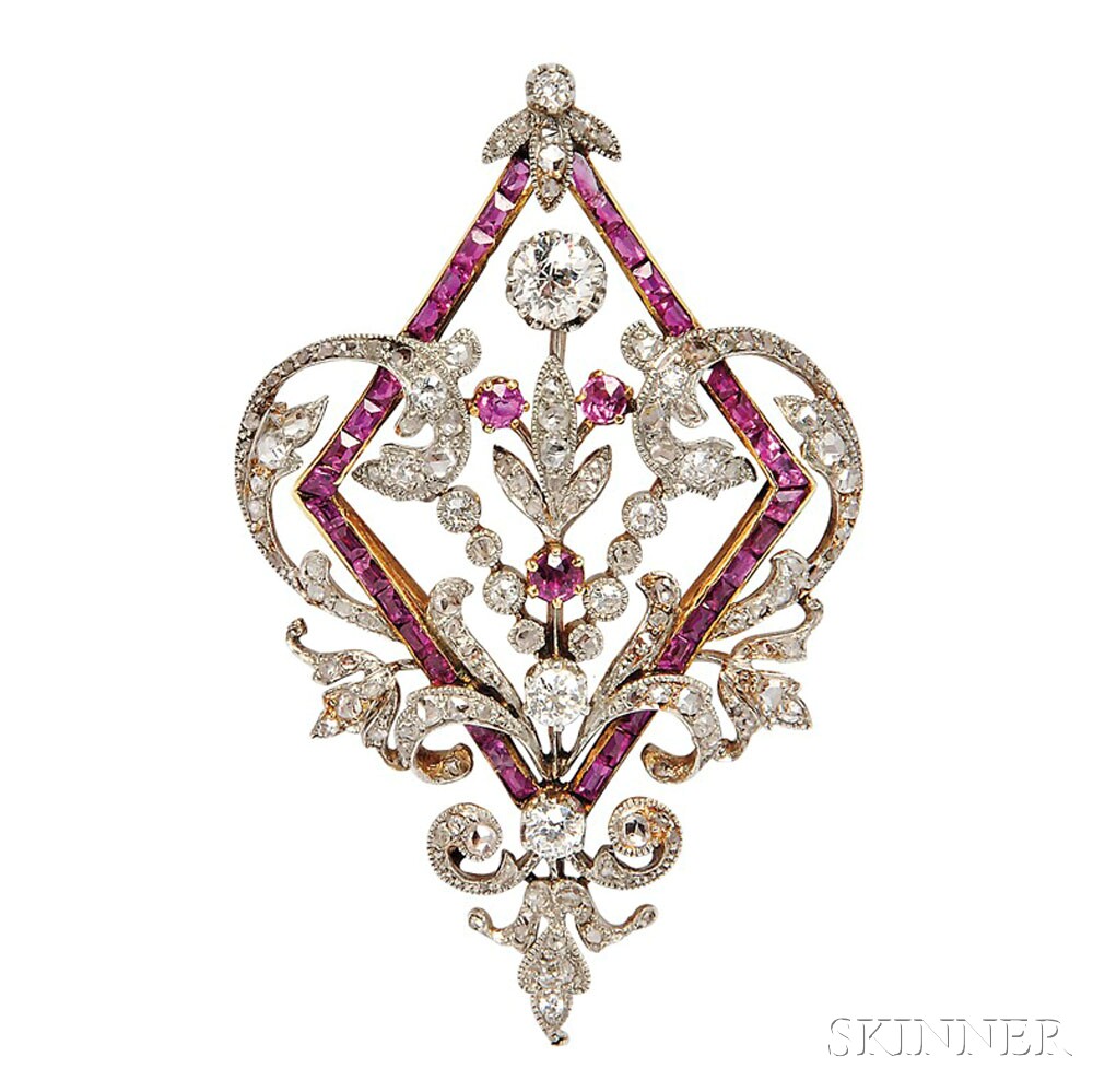 Edwardian Ruby and Diamond Pendant/Brooch, of navette-form, with channel-set rubies and old