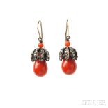 Coral and Diamond Earrings, each coral drop with blackened silver cap set with rose-cut diamonds,