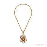 Gold and Pearl Pendant, the central flower motif set with pearls suspended within a conforming