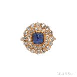 18kt Gold, Sapphire, and Diamond Ring, bezel-set with a sugarloaf sapphire and framed by old mine-