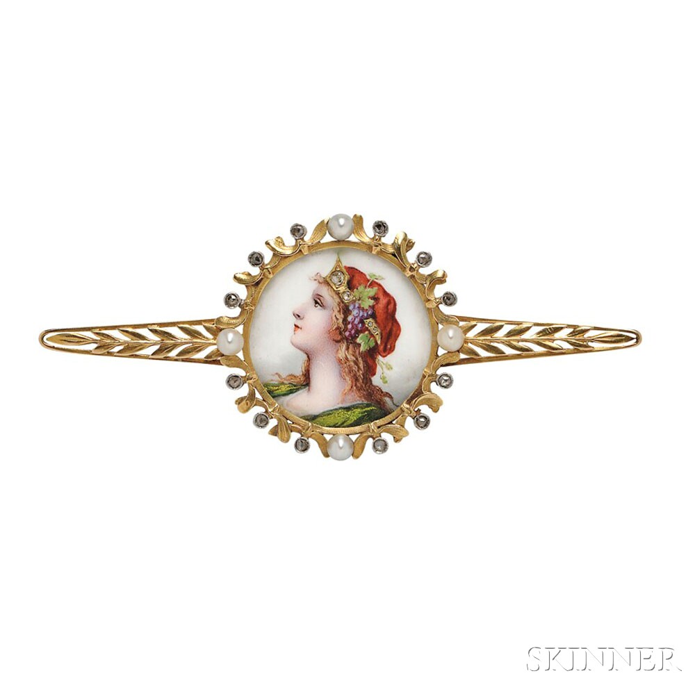 Art Nouveau 18kt Gold and Limoges Enamel Brooch, depicting a bacchante with grape cluster and rose-