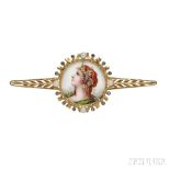 Art Nouveau 18kt Gold and Limoges Enamel Brooch, depicting a bacchante with grape cluster and rose-