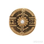 Antique 18kt Gold and Enamel Locket, France, with black tracery enamel Greek key motifs, engraved