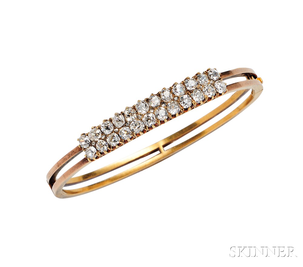 Antique 14kt Gold and Diamond Bracelet, the hinged bangle set with old mine-cut and rose-cut