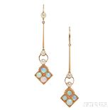 14kt Gold and Opal Earrings, each plaque set with opal cabochons suspended from a knife-edge bar