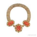 Gold and Coral Cameo Necklace, c. 1825, the three cameos each depicting a bearded figure in