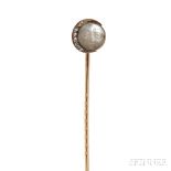 Antique Gold and Carved Moonstone Stickpin, depicting the "Man in the Moon," rose-cut diamond