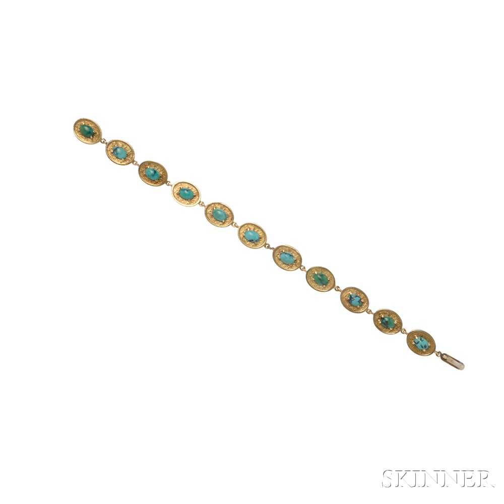 18kt Gold and Turquoise Bracelet, each textured disc centering an oval cabochon turquoise, 15.1 dwt,