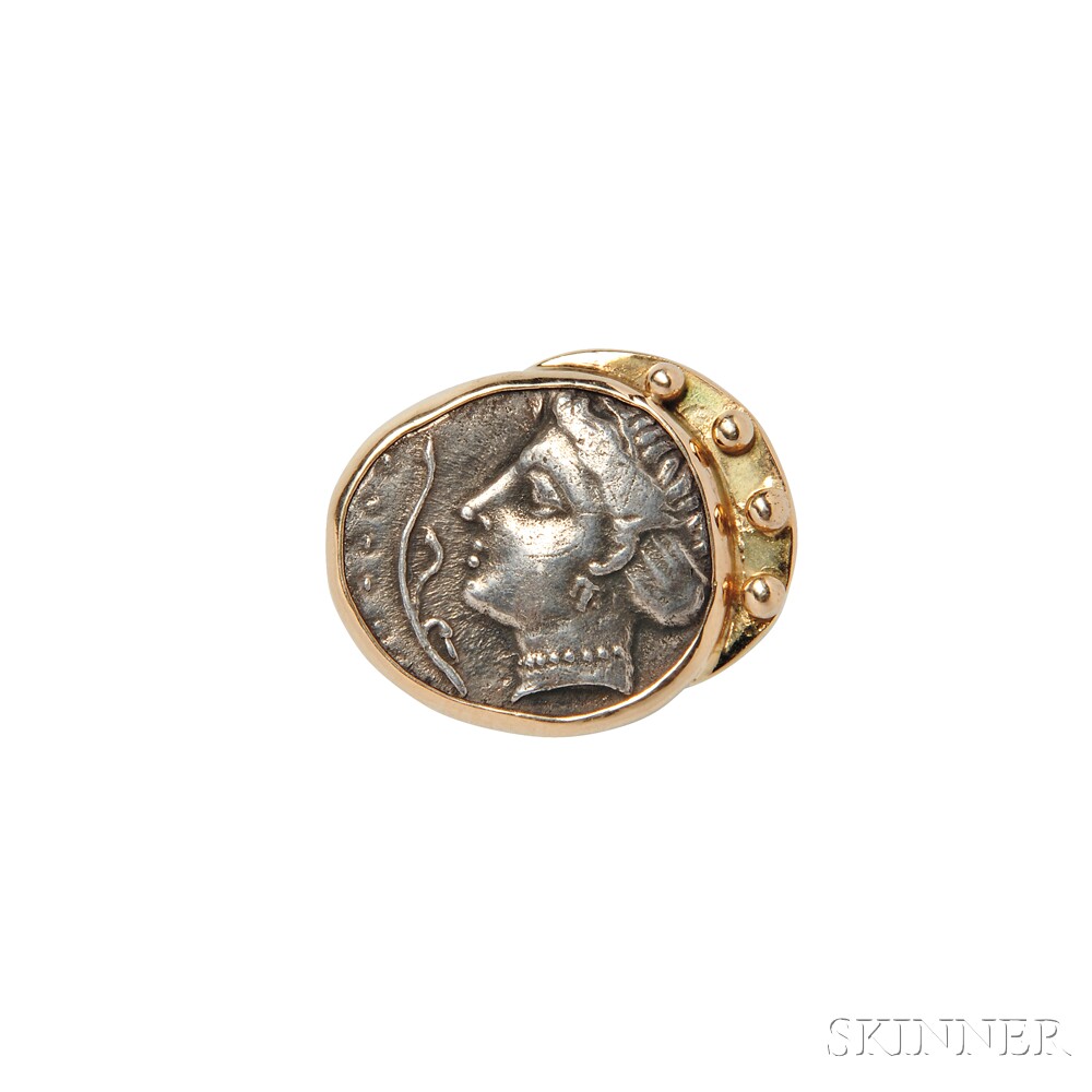 14kt Gold and Ancient Silver Coin Ring, Susan Sarantos, the silver coin within a gold bezel, applied