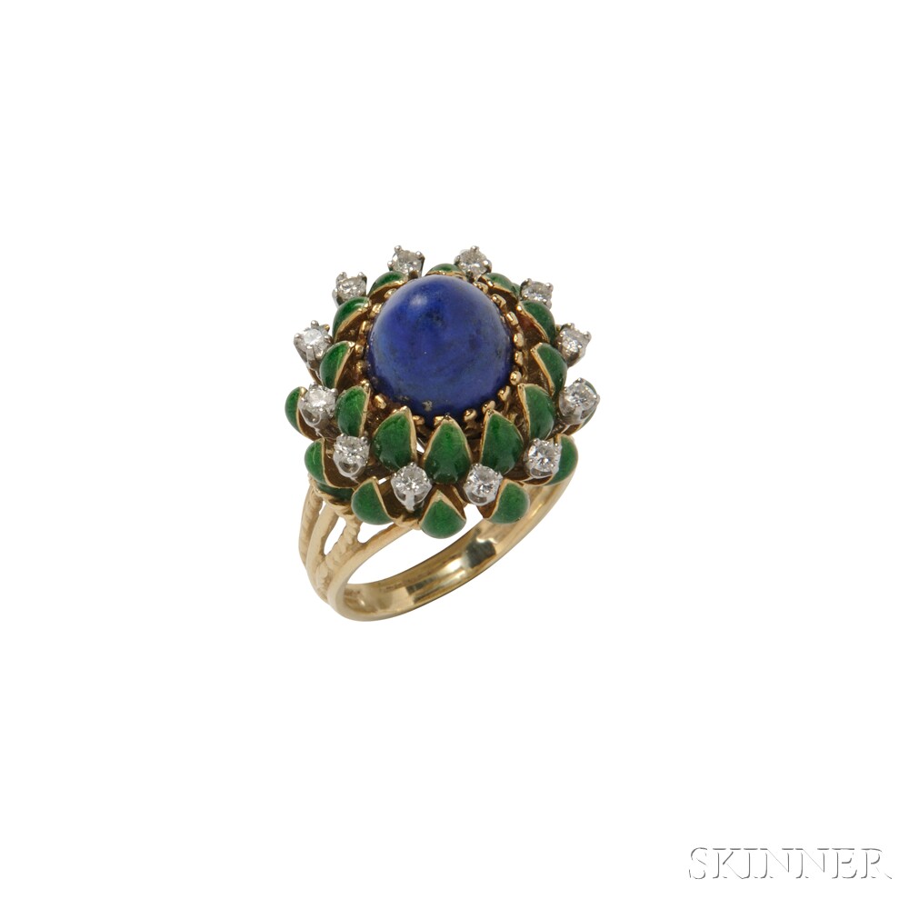 18kt Gold, Turquoise, and Diamond Ring, La Triomphe, set with a high-domed lapis cabochon, in an