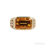 18kt Gold, Citrine, and Diamond Ring, bezel-set with an emerald-cut citrine, in a pierced mount