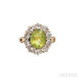 Peridot and Diamond Ring, the oval peridot framed by full-cut diamonds, size 6. Peridot and