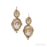 Antique Gold and Shell Cameo Day/Night Earrings, each bucolic scene framed by scrolling foliate
