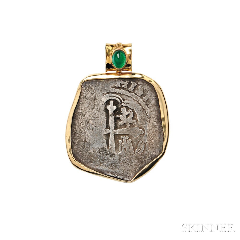 18kt Gold and Spanish Silver Coin-mounted Pendant, the silver coin within a shaped bezel, cabochon