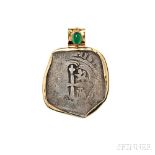 18kt Gold and Spanish Silver Coin-mounted Pendant, the silver coin within a shaped bezel, cabochon