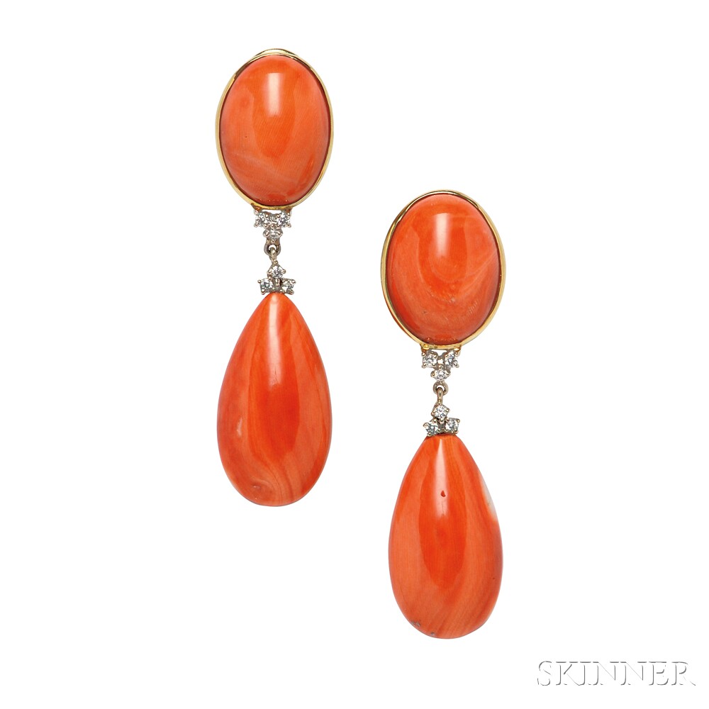 18kt Gold, Coral, and Diamond Earclips, each bezel-set coral cabochon suspending a drop, full-cut