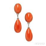 18kt Gold, Coral, and Diamond Earclips, each bezel-set coral cabochon suspending a drop, full-cut