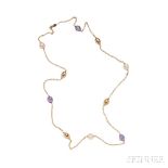 18kt Rose Gold, Amethyst, and Freshwater Pearl Longchain, composed of pearls and amethyst and gold