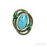 Antique Gold, Turquoise, and Enamel Brooch, designed as an oval turquoise cabochon framed by