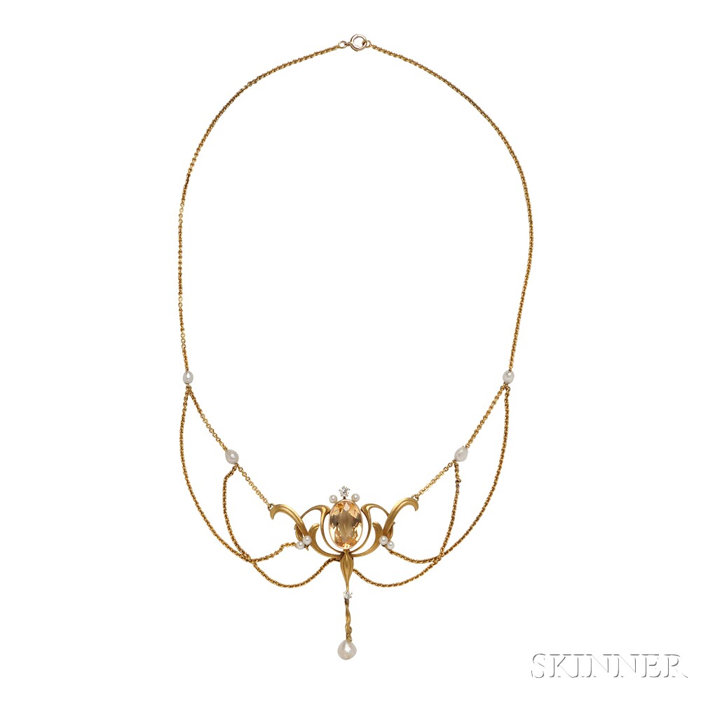 Art Nouveau 14kt Gold, Citrine, Pearl, and Diamond Lavaliere, centering a bezel-set oval citrine