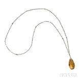 Art Deco Platinum, Citrine, and Diamond Pendant, the faceted citrine drop with old European-cut