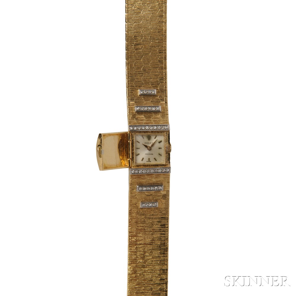 Lady's 18kt Gold and Diamond Covered Wristwatch, Rolex, c. 1950s, with gold baton numeral indicators