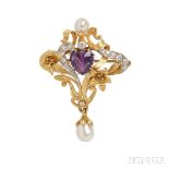 14kt Gold, Amethyst, and Diamond Pendant/Brooch, set with a faceted heart-shape amethyst and old