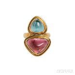 18kt Gold Gem-set Ring, Elizabeth Gage, with fancy-shape buff-top pink and blue tourmalines, size 7,