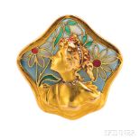 Art Nouveau Plique-a-Jour Enamel Brooch, the elegantly attired lady with rose-cut diamond diadem and