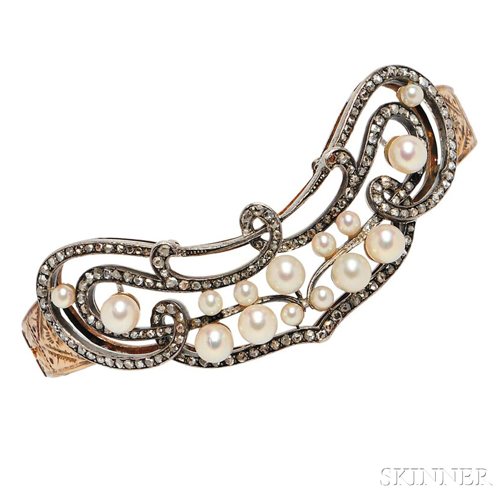 Cultured Pearl and Diamond Bracelet, the antique element set with rose-cut diamonds, cultured - Bild 2 aus 2