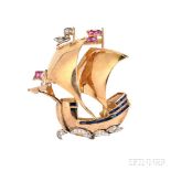 Retro 18kt Rose Gold Gem-set Ship Brooch, Patek Philippe, designed as a carrack with sapphire and