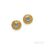 18kt Gold and Cabochon Blue Chalcedony Earclips, Nicholas Varney, each set with a circular