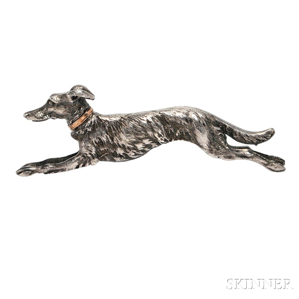 Antique Silver Figural Brooch, France, depicting a scottish deerhound in pursuit, with gold