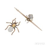 Two Gold Gem-set Spider Pins, one with opal cabochons, with rose-cut diamond eyes, and a bar pin set