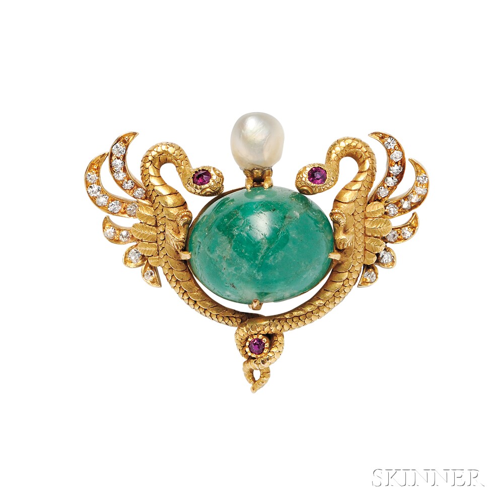 Art Nouveau 18kt Gold, Emerald, and Diamond Pendant/Brooch, designed as a pair of griffins clutching