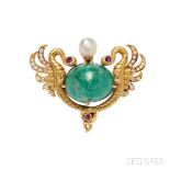 Art Nouveau 18kt Gold, Emerald, and Diamond Pendant/Brooch, designed as a pair of griffins clutching