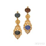 Antique Gold and Hardstone Intaglio Day/Night Earpendants, the intaglios depicting various