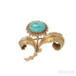 18kt Gold and Turquoise Flower Brooch, with Florentine finish, 7.6 dwt, lg. 1 1/2 in. 18kt Gold
