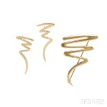 18kt Gold "Squiggle" Brooch and Earrings, Paloma Picasso, Tiffany & Co., lg. 1 7/8, 1 1/4 in.,