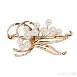 14kt Gold and Cultured Pearl Brooch, Mikimoto, designed as a flower with pearl blossoms and polished