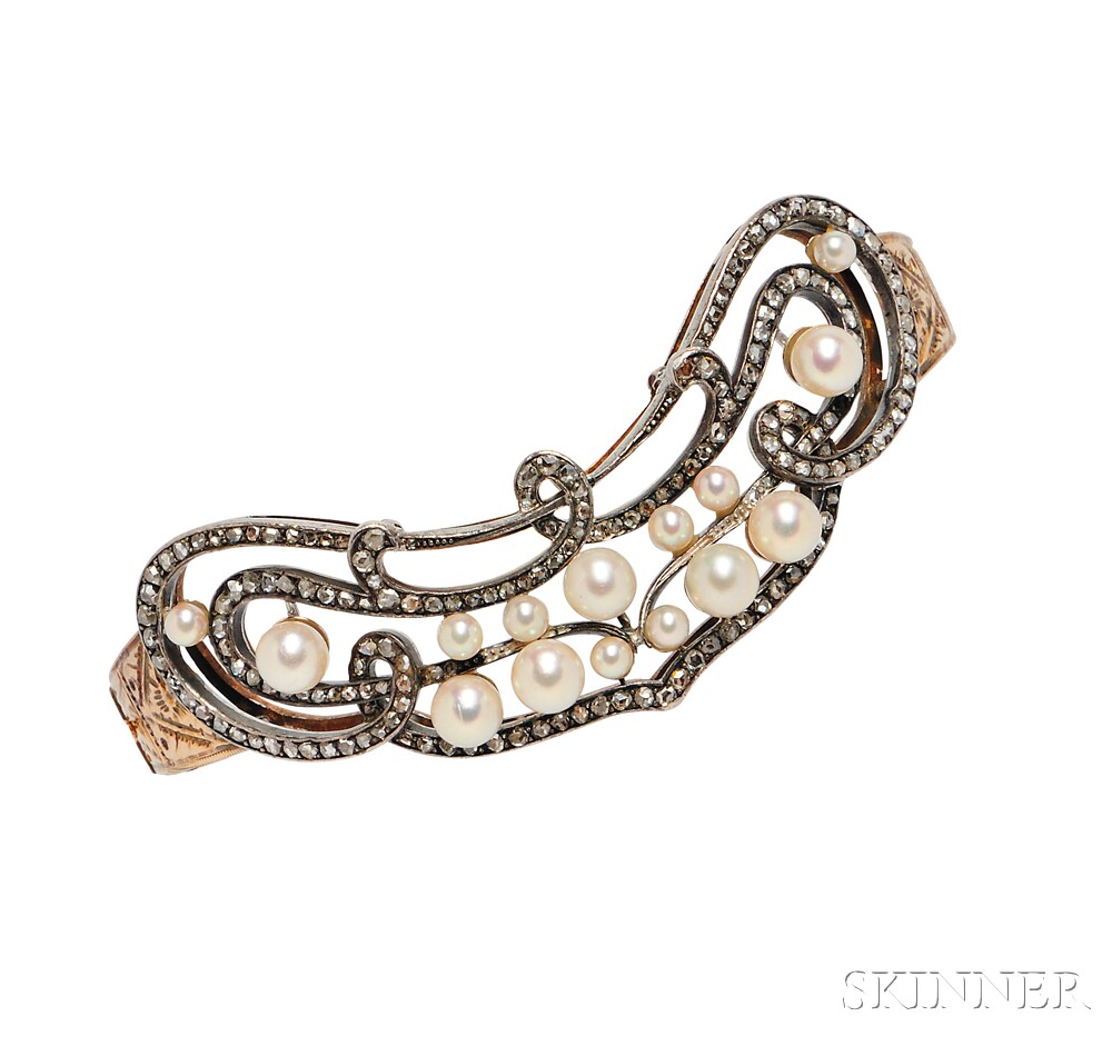 Cultured Pearl and Diamond Bracelet, the antique element set with rose-cut diamonds, cultured