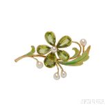 Art Nouveau 18kt Gold, Peridot, and Freshwater Pearl Flower Brooch, with pear-shape peridot petals